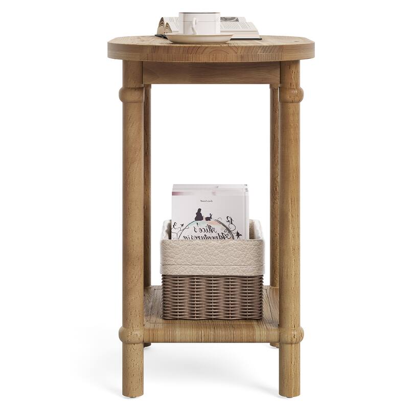 2-Tier Oval Side Table, Farmhouse End Table with Storage Shelves
