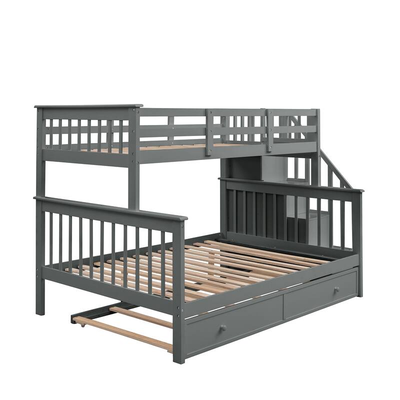 Twin Over Full Solid Wood Bunk Bed with Twin size Trundle, Storage and Guard Rail