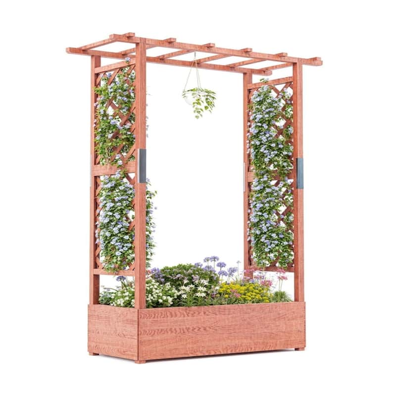 43x17x72Inch Elevated Wooden Garden Bed with Trellis and Hanging Roof Wood Planter Box 4 Drainage Holes - 110*44*182cm