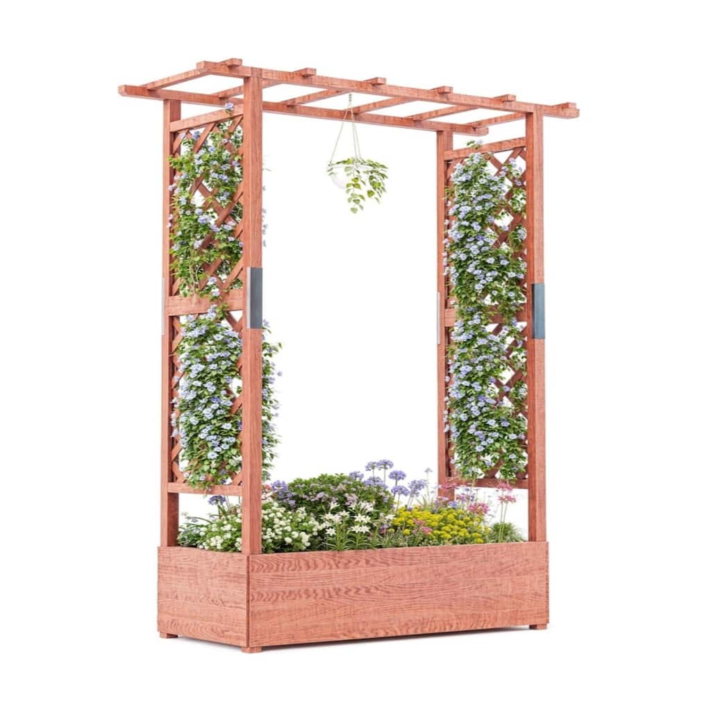 43x17x72Inch Elevated Wooden Garden Bed with Trellis and Hanging Roof Wood Planter Box 4 Drainage Holes
