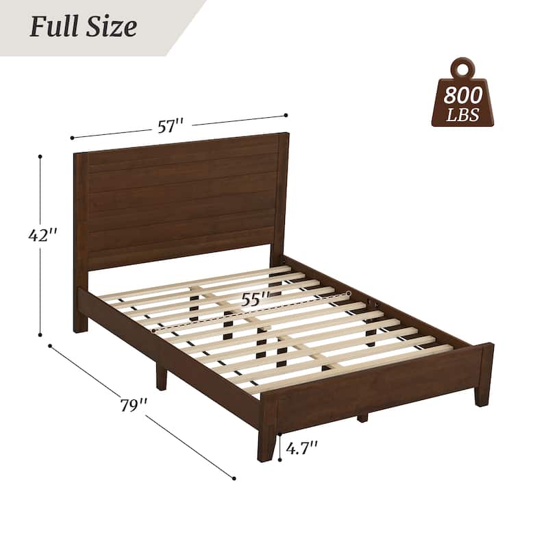 Mid-Century Modern Solid Wood Platform Bed with Headboard Queen/King/Full Size