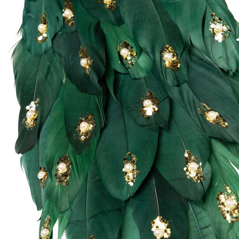 Glittered Peacock with Faux Pearls Christmas Decoration - 22" - Green
