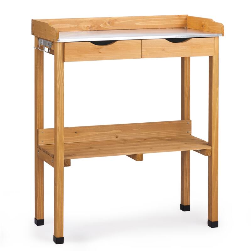 Natural Wood Potting Bench with Metal Top and 2 Drawers Lower Shelf and Hooks for Gardening - 29.8” x 14.6” x 36.4”