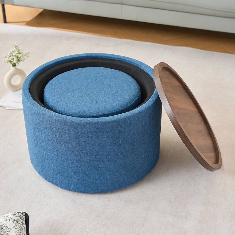 Ball & Cast Nesting Storage Ottomans of 2, Upholstered Footstool with Wood Tray