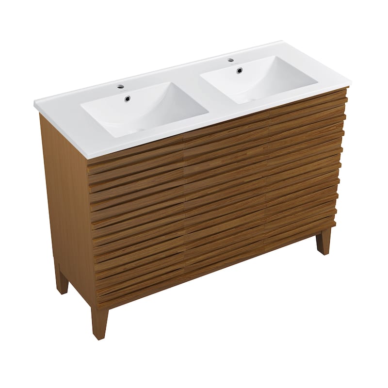Cascade 48 In. Brown Oak, Double Basin Bathroom Vanity With White Ceramic Sink Top