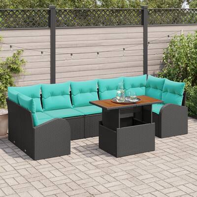vidaXL 8 Piece Garden Sofa Set with Cushions Black Poly Rattan - 113.8×48.8×27.2