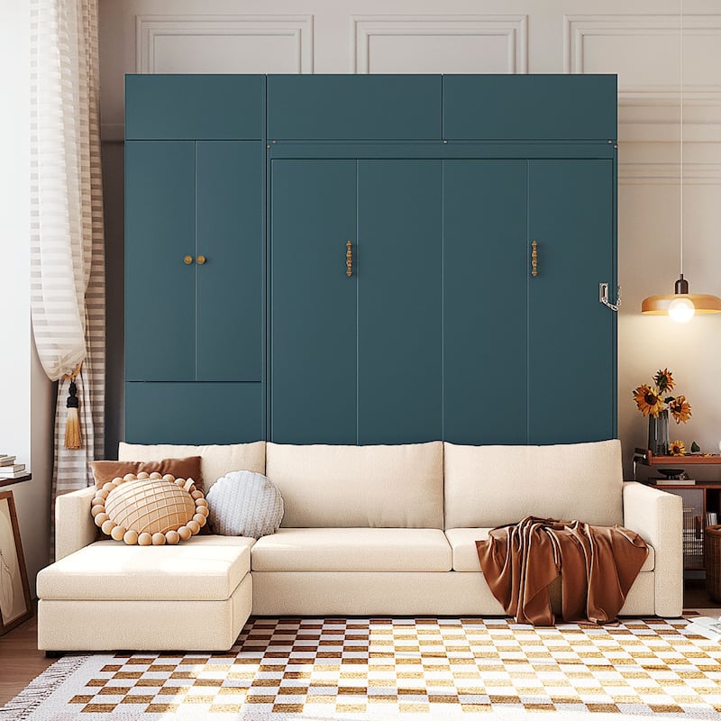 Versatile Queen Size Murphy Bed Wooden Folding Bed Frame integrated with L-shaped Chaise Sectional Sofa and Storage Cabinets - Green - Queen
