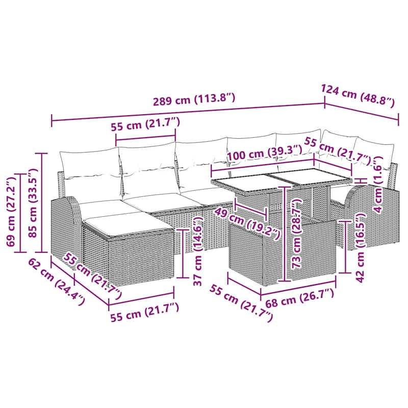 vidaXL 8 Garden Sofa Set with Cushions Black/Brown/Grey Poly Rattan - 113.8 x 48.8 x 27.2