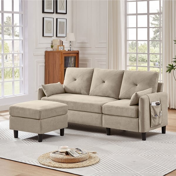slide 2 of 51, 77.36" L Shaped Sectional Sofa with Side Storage Pocket and Reversible Ottoman Beige