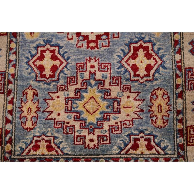 Blue Geometric Kazak Runner Rug Hand-Knotted Wool Carpet - 2'9" x 15'11"