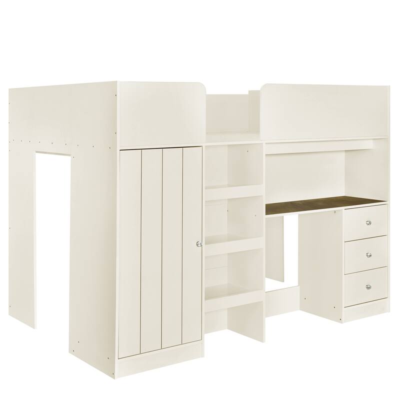Wood Full Size Loft Bed with Built-in Wardrobe, Desk, Shelves, Drawers