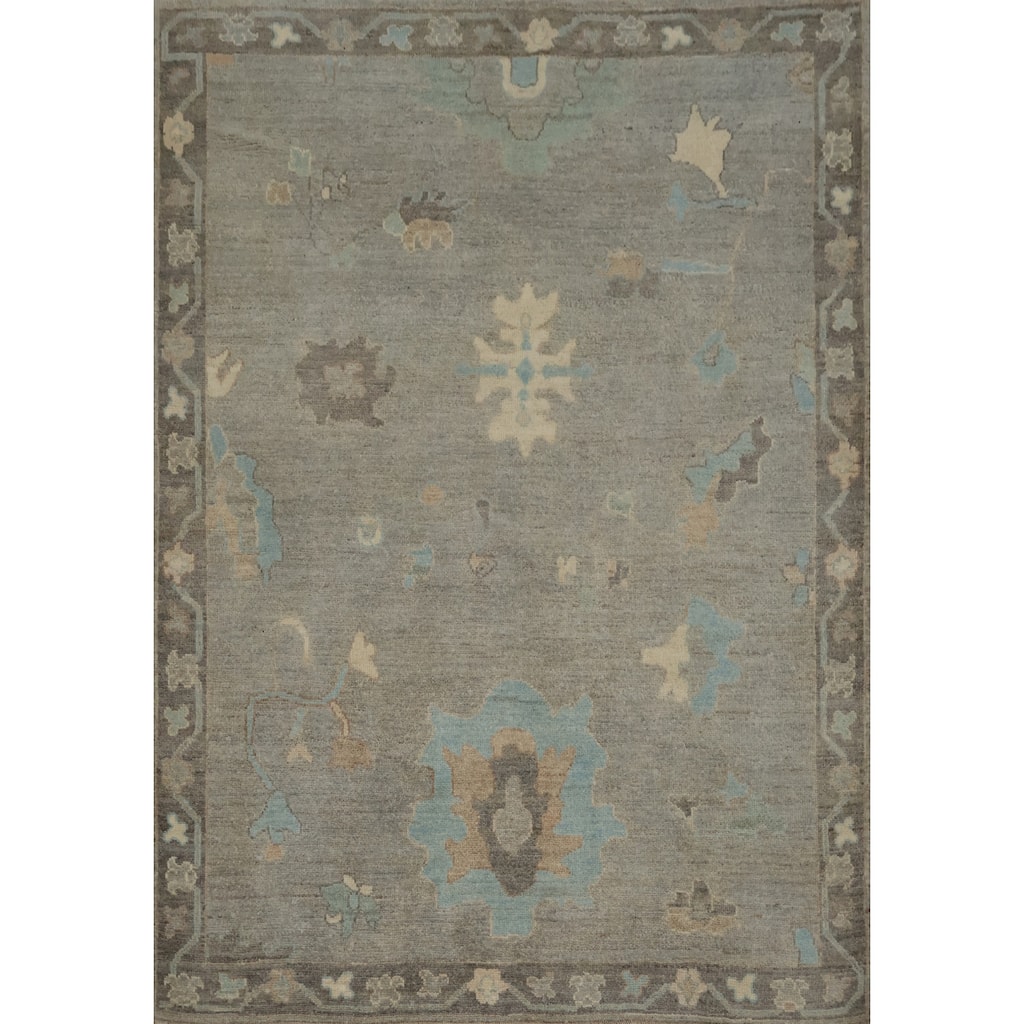 Hand Knotted Oriental 100% Wool Carpet Transitional Floral Greys & Charcoal Oushak Area Rug - 6' 5'' X 5' 2''