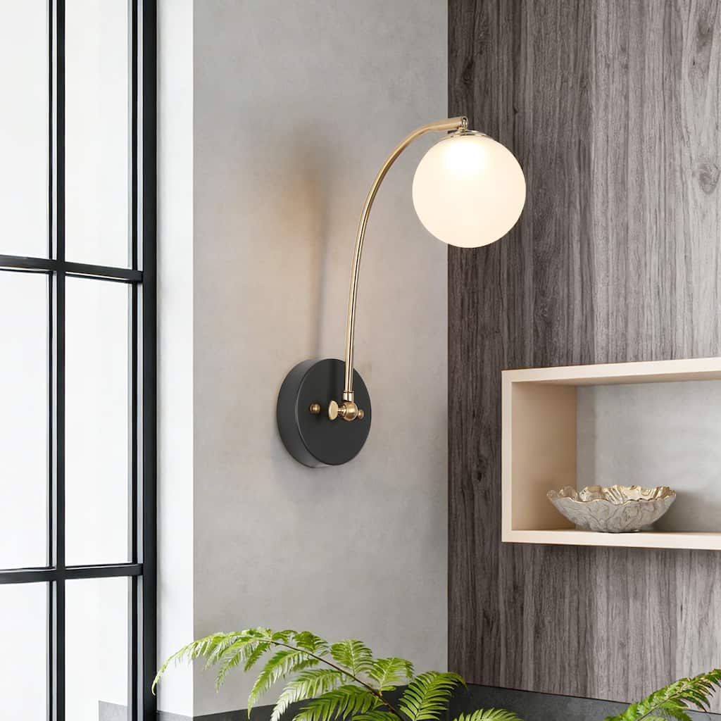 Modern LED Globe Glass Armed Sconce Black Brass Bathroom Accent Light - W4.7" x H15"