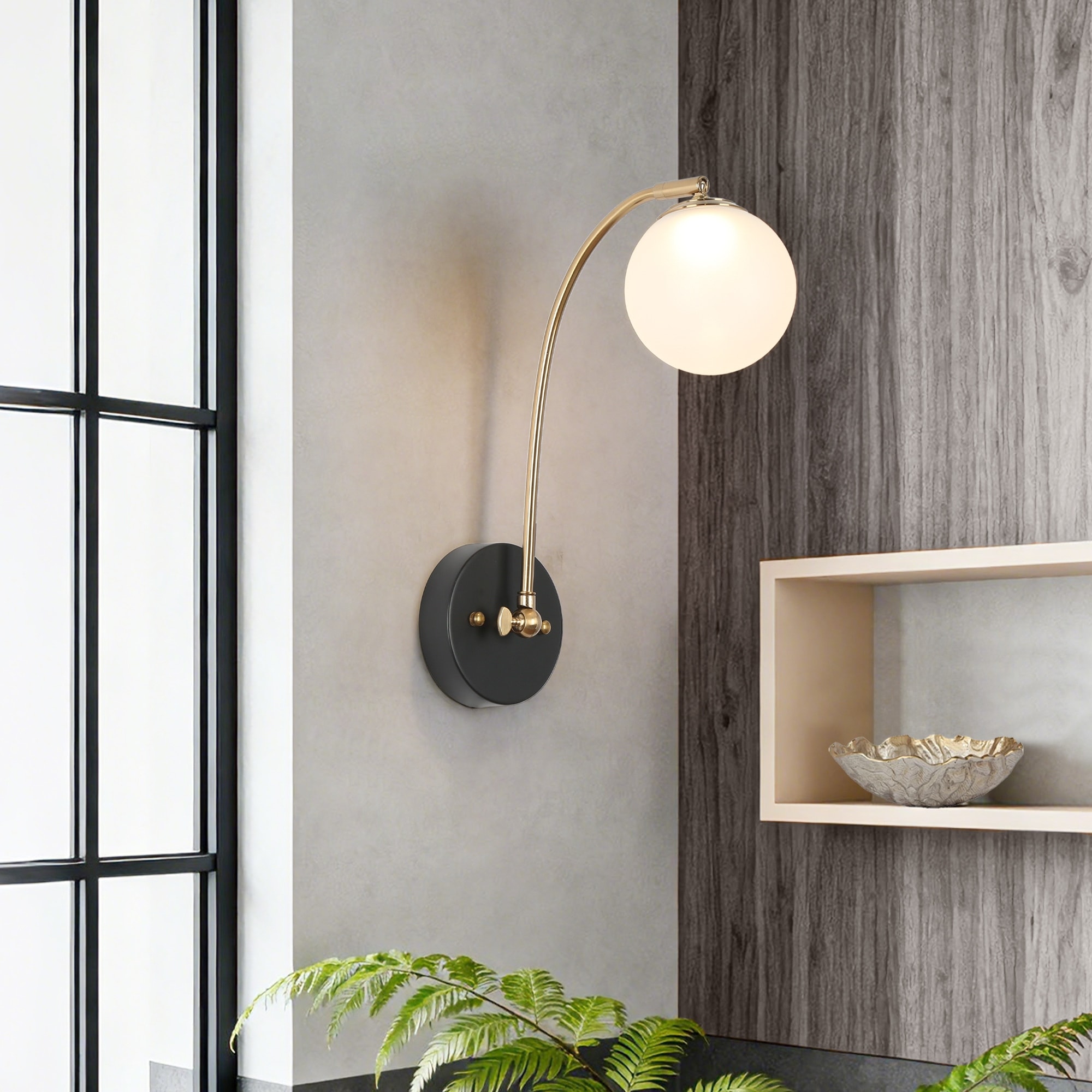 Modern LED-Integrated Globe Glass Armed Sconce Black Brass Bathroom Accent Light - W4.7" x H15"