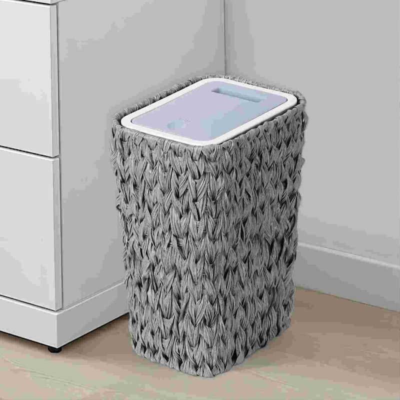 Small Bathroom Trash Can with Lid 2.6 Gallon Rattan Press Top Double Deck Slim Wicker for Bathroom Kitchen Office Gray - Gray
