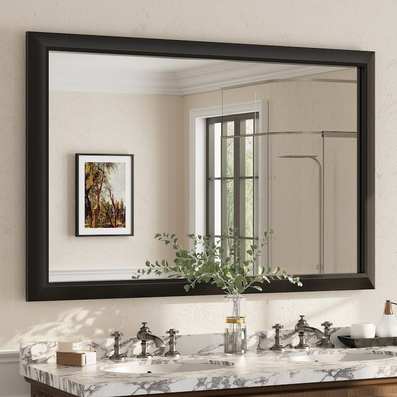 Beveled Metal Rectangle Framed Bathroom Vanity Tempered Glass Mirrors - 55" x 36" - Black