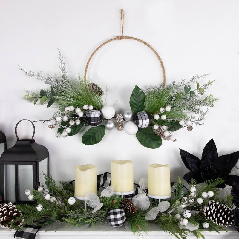 Black & White Plaid Winter Greenery Artificial Christmas Wreath, 18-"