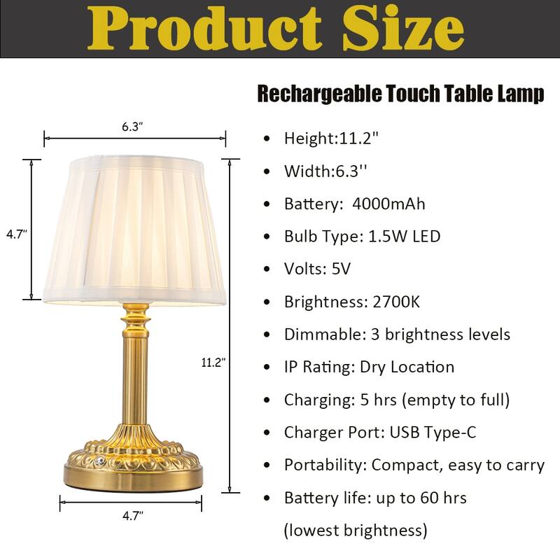 ALOADECOR Glam Cordless Brass Table Lamp Touch Control with 3 Way Classic Elegant Dimmable LED Nightstand Lamp with Fabric Shade