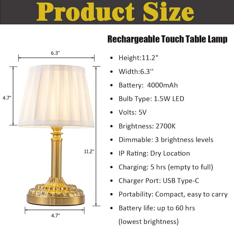 Brass Glam Cordless Fabric Shade Table Lamp Touch Control with 3 Way Classic Dimmable Rechargeable LED（2 Pack） - W6''