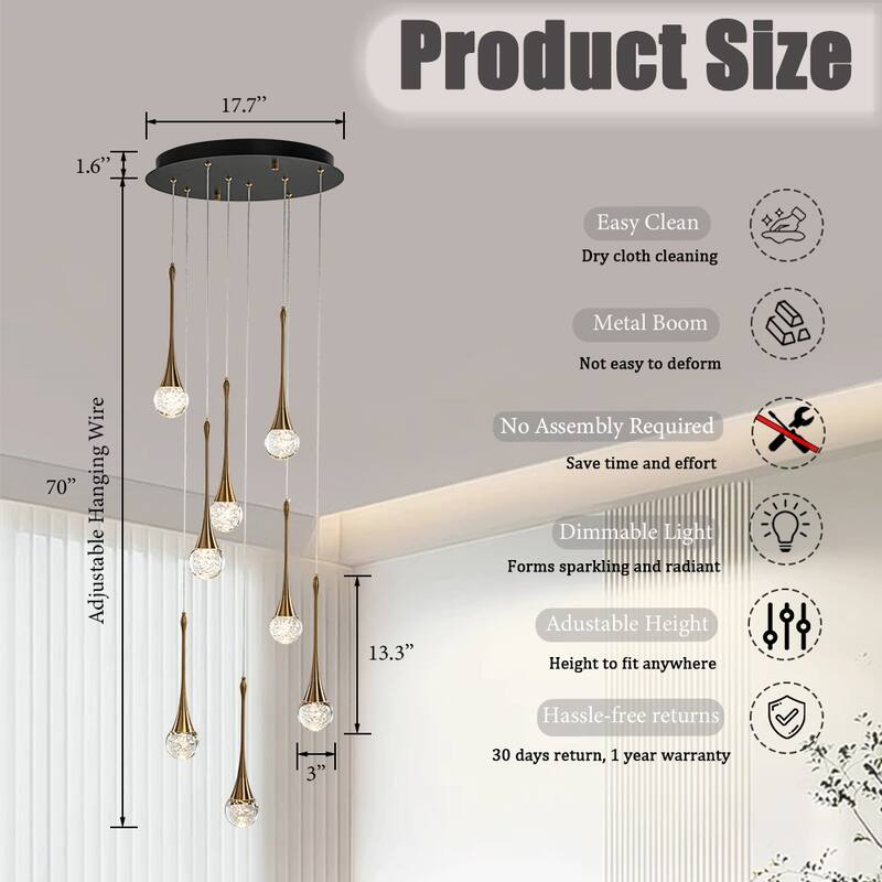 18'' 8-Light Modern Seeded Glass Cluster Integrated LED Teardrop Staircase Chandelier Minimalist Entryway LED Pendant Light