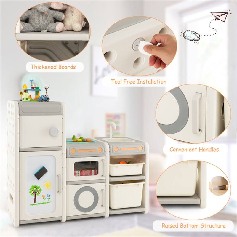 Kids Storage Cabinet with 4 Enclosed Cabinets and Magnetic Whiteboard and Play Sink for Toddlers - 46" x 15" x 38.5"