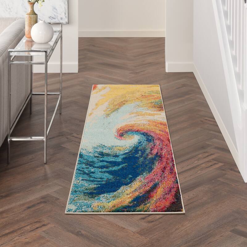 Nourison Celestial Abstract Modern Multicolored Colorful Wave Area Rug - 2' x 6' Runner - Blue/Multi - Rectangle