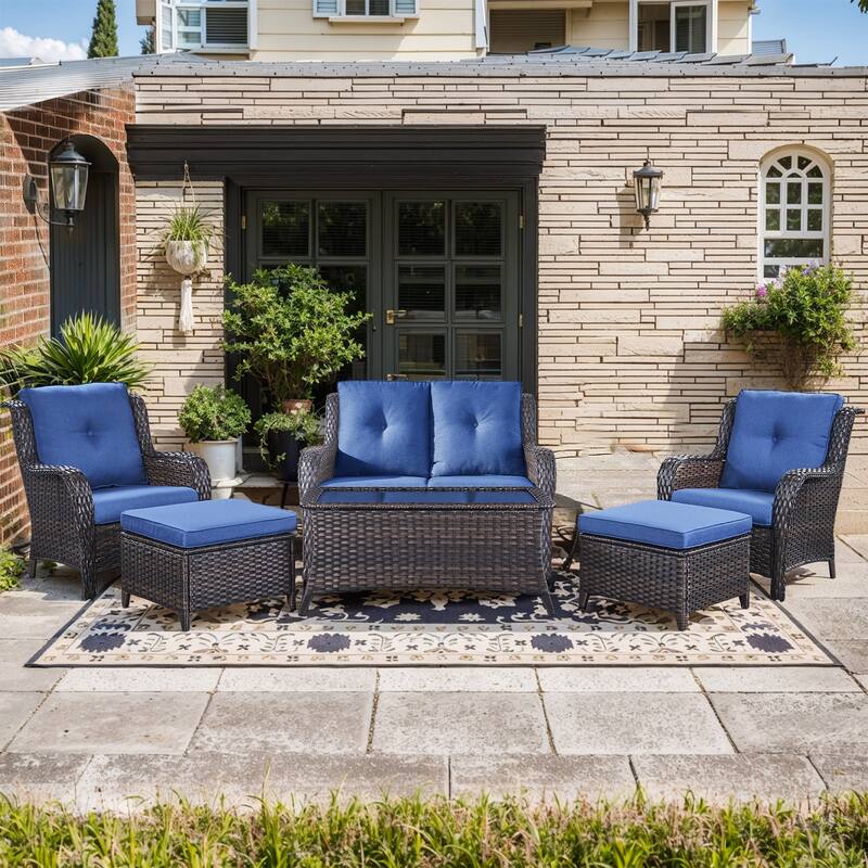 Pocassy 6 Pieces Outdoor 2-Seat Sofa Chairs Table Ottoman - Brown Wicker - Blue cushion
