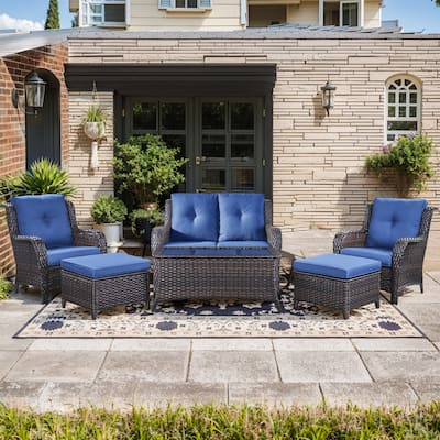 Pocassy 6 Pieces Outdoor 2-Seat Sofa Chairs Table Ottoman