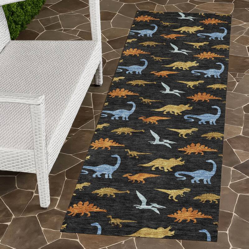 Machine Washable Indoor/ Outdoor Modern Dinosaur Chantille Rug - Black - 2'3" x 7'6"