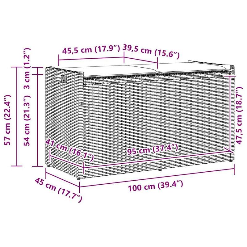 vidaXL Patio Storage Bench with Cushion Black/Brown 39.4" Poly Rattan - 37.4" x 15.6" x 1.2"