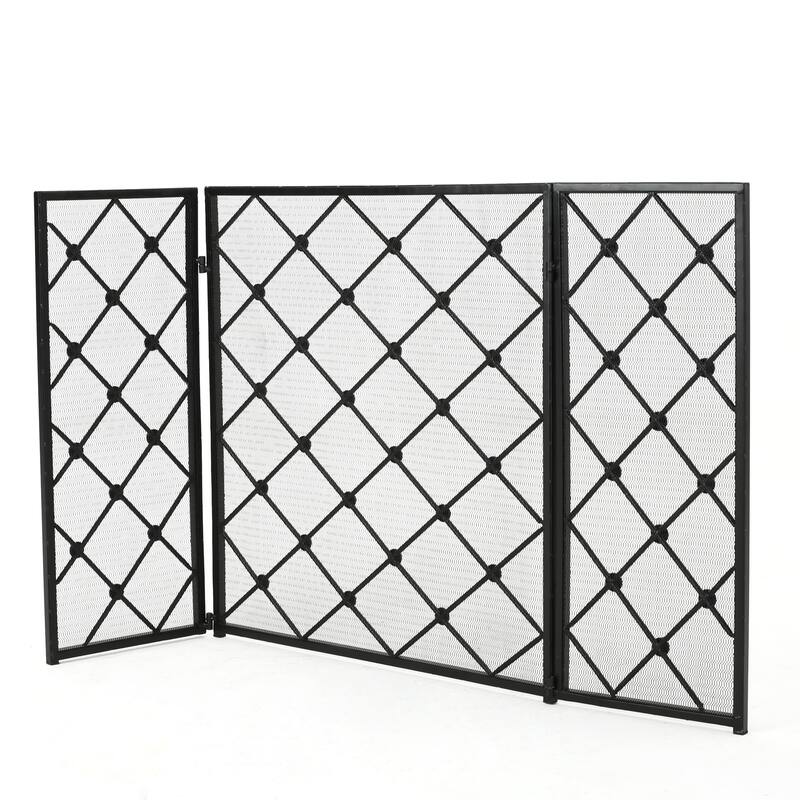Roomfitters 3-Panel Fireplace Screen, Diamond Lattice Spark Guard, Folding Metal Fireguard for Hearth Safety, Mesh Cover, Black