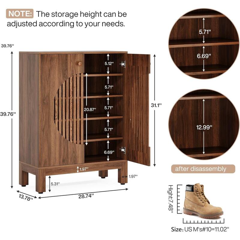 28" Brown 5-Tier Shoe Cabinet with Round Louvered Doors