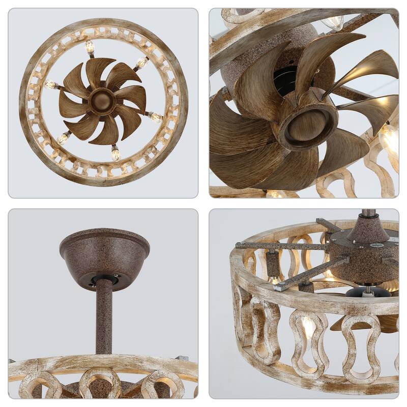 18 Inch Vintage Farmhouse Caged Ceiling Fan with Lights and Remote, 6-Speed Reversible Bladeless Ceiling Fan Fandelier - 18"