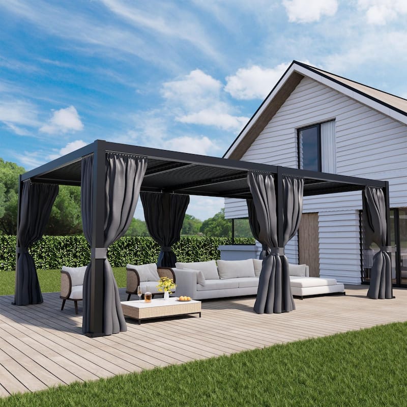 COSIEST 10'x20' Hardtop Pergola with Adjustable Roof, Netting & Curtains