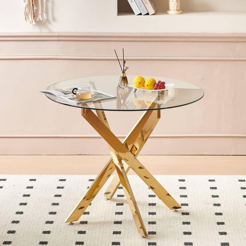 5 Pieces Dining Set, Table Metal Leg Mid-Century Dining Table for 4-6 People with Glass Table Top,Pedestal Dining Table