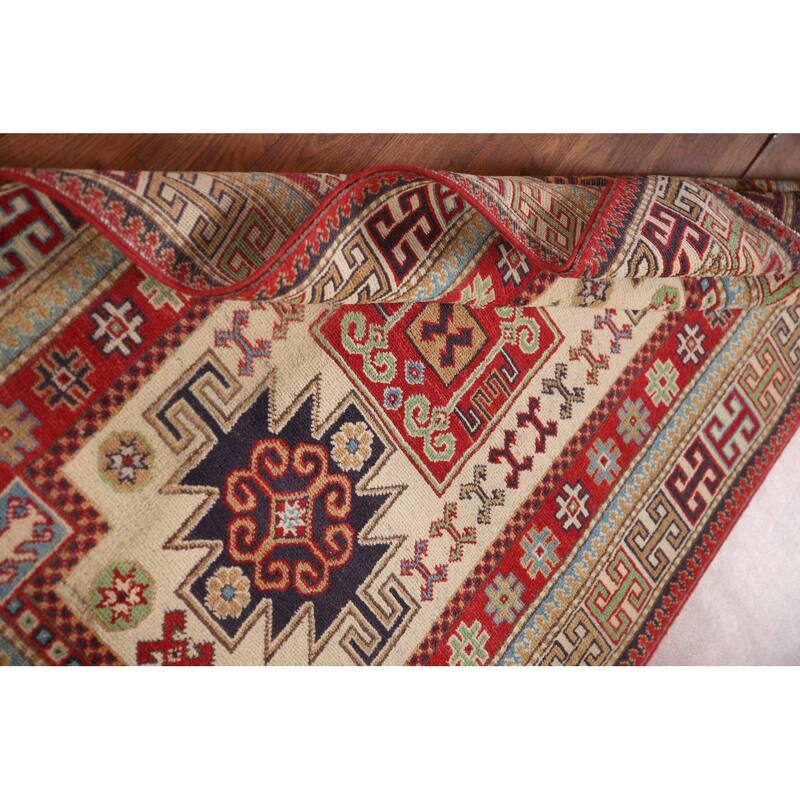 Geometric Beige Kazak Oriental Accent Rug Handmade Wool Carpet - 3'1"x 4'8"