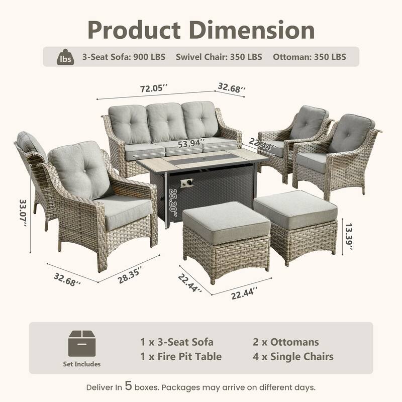 HOOOWOOO 8-piece Wicker Patio Ergonomic Conversation Set with 54" Fire Pit