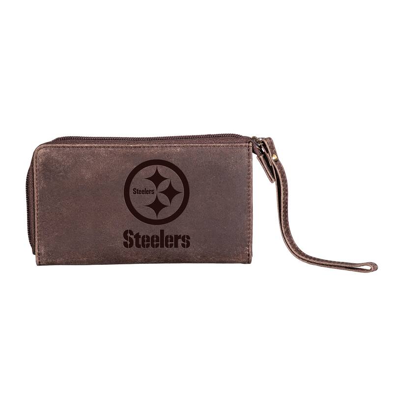 Brown Leather Cell Phone Wristlet Wallet, Pittsburgh Steelers - 4" x 7"