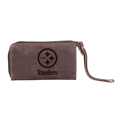 Brown Leather Cell Phone Wristlet Wallet, Pittsburgh Steelers - 4" x 7"
