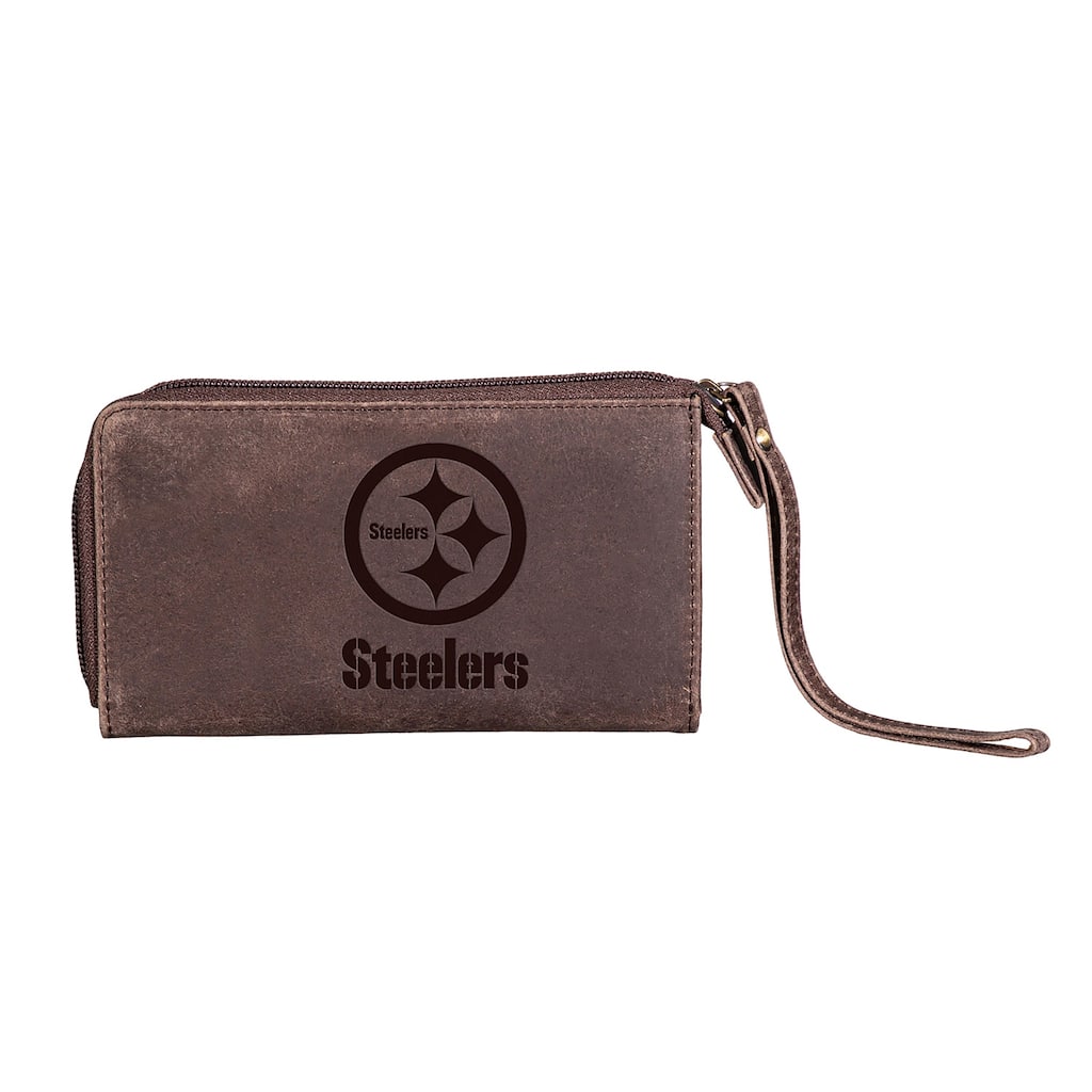 Brown Leather Cell Phone Wristlet Wallet, Pittsburgh Steelers - 4" x 7"