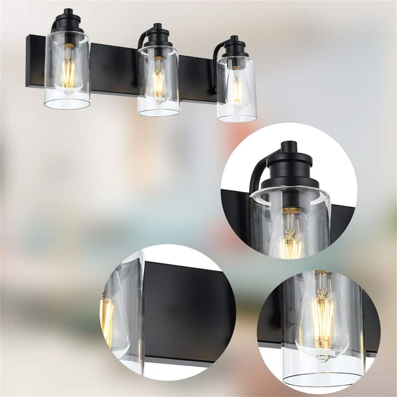 3-Light Industrial Black Vanity Light with Clear Glass Shades
