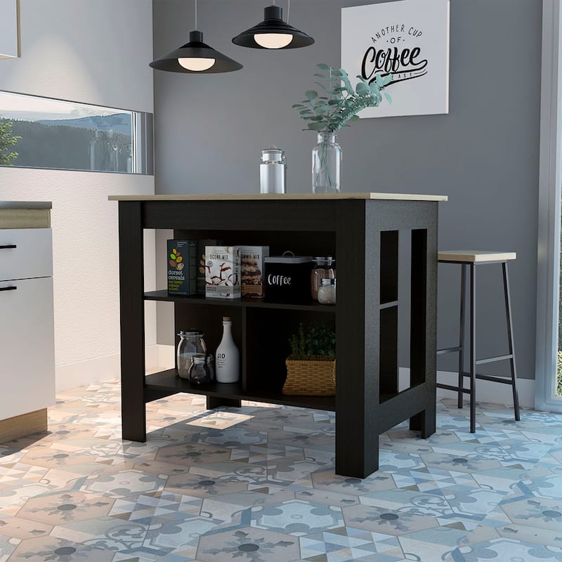 FM Furniture Brooklyn Kitchen Island with Open Storage - Black/Light Oak