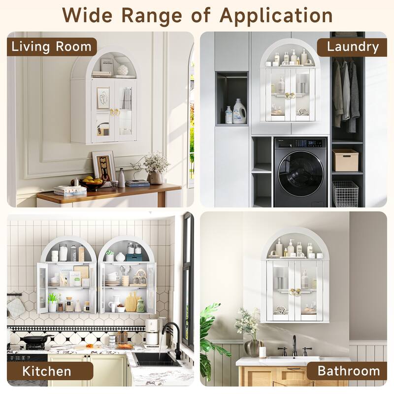 Wall Mounted Arched Cabinet with Glass Doors, Light and Adjustable Shelves for Laundry Room, Bathroom, Kitchen