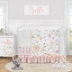 preview thumbnail 1 of 4, Yellow and Pink Watercolor Floral Girl 4pc Nursery Crib Bedding Set - Blush Peach Grey White Shabby Chic Rose Flower Farmhouse