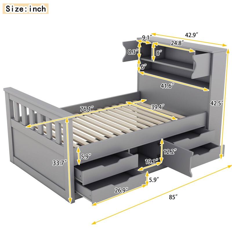 Twin Size Captain Platform Bed with Bookcases and Shelves, 4 Drawers