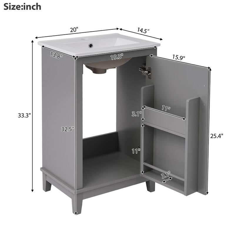 20 Inch Modern Small Bathroom Vanity Cabinet With Ceramic Basin,Ample Storage,1 Soft Close Doo