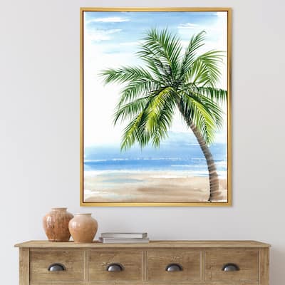 Designart "Palm Tree At The Beach Resort" Nautical & Coastal Framed Canvas Wall Art Print