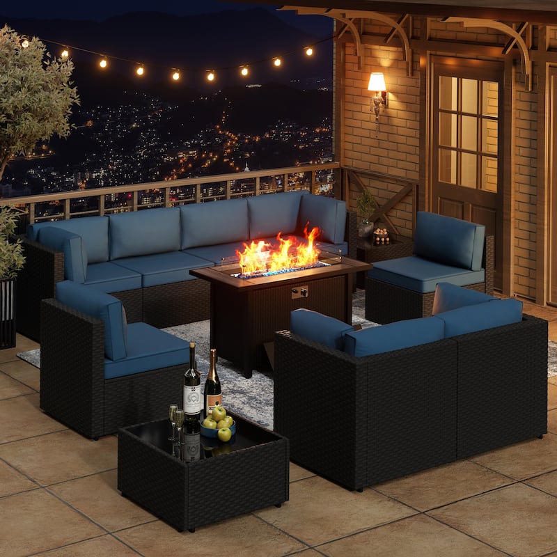 11 Piece Sectional Seating Group with Fire Pit and Cushion