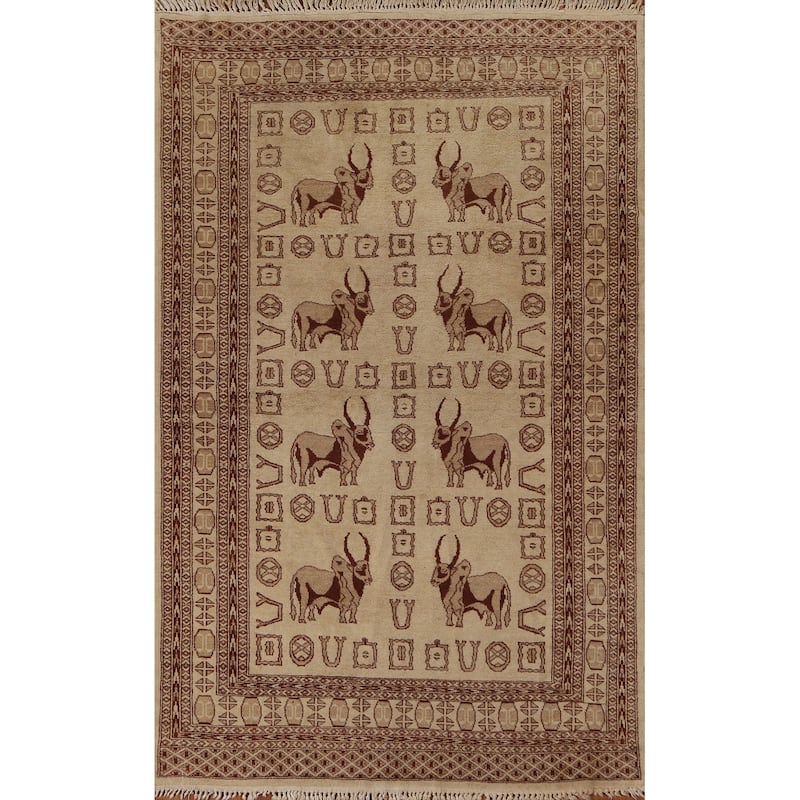 Hand Knotted Oriental 100% Wool Carpet Traditional Animal Pictorial Beige & Ivories Bokhara Area Rug - 6' 3'' X 4' 2''