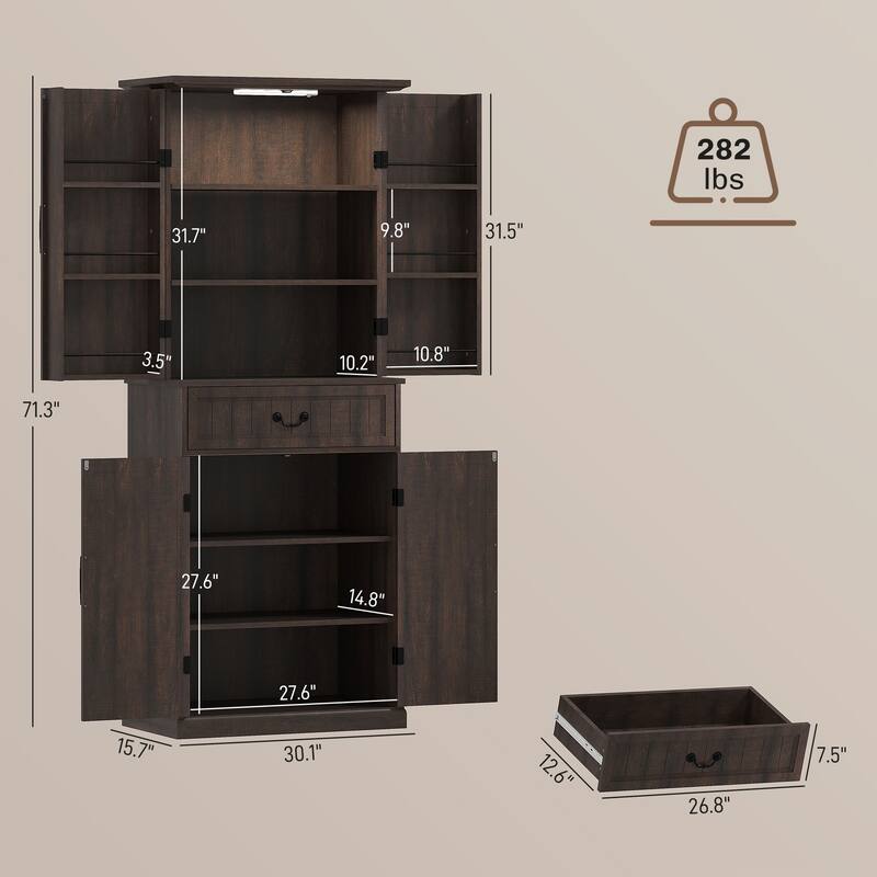 Farmhouse Style Kitchen Pantry Cabinet with Motion Sensor Light Adjustable Shelves and Spacious Storage